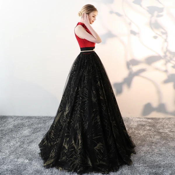 Chic / Beautiful Black Prom Dresses 2018 A-Line / Princess Tulle High Neck Appliques Beading Printing Prom Formal Dresses