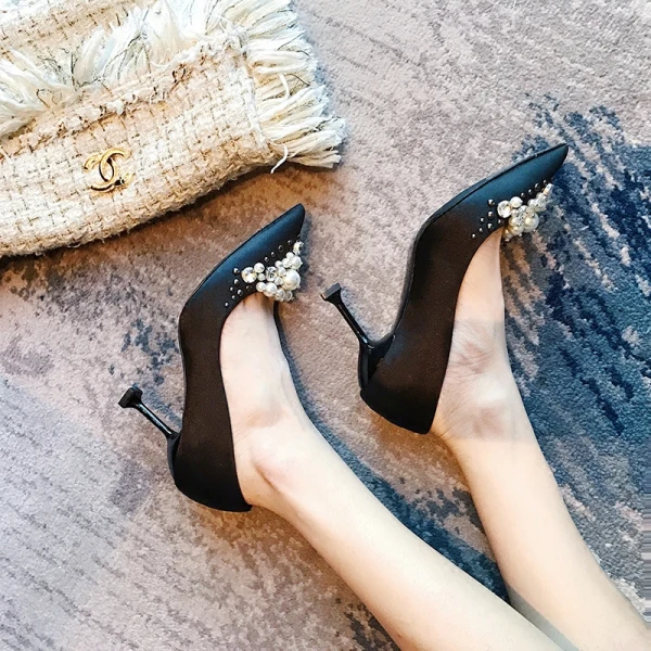 Chic / Beautiful Black 8 cm / 3 inch High Heels 2018 Beading Pearl Pointed Toe Evening Party Cocktail Party Womens Shoes