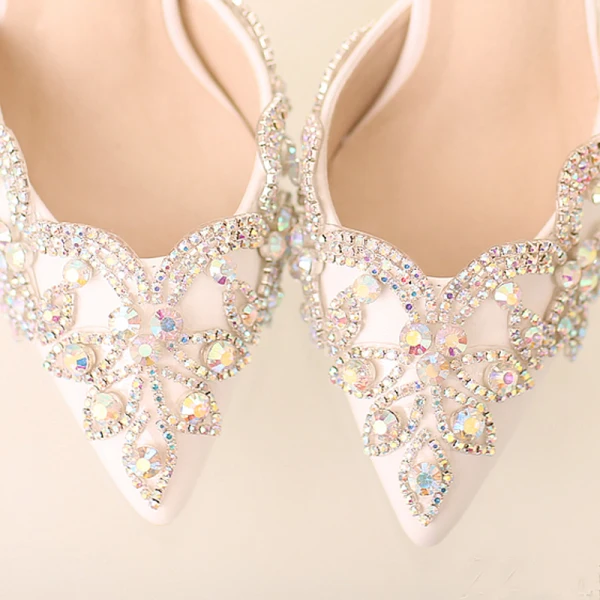 Schöne Weiß 2018 7 cm Hochhackige Spitzschuh Perlenstickerei Kristall Strass Hochzeit Ball Stilettos Brautschuhe