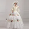 Vintage / Retro Ivory Puffy Ball Gown Prom Dresses 2018 U-Neck Tulle Lace-up 3/4 Sleeve Beading Flower Formal Dresses