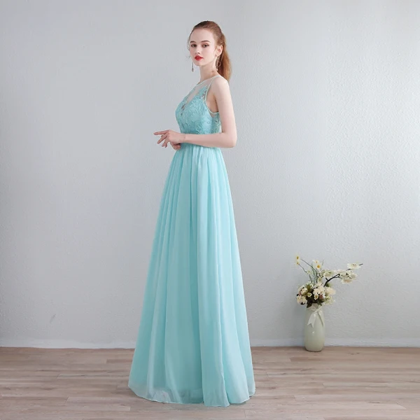 Modern / Fashion Pool Blue Floor-Length / Long Evening Dresses 2018 U-Neck Chiffon Appliques Backless Beading Pearl Pierced Evening Party Formal Dresses