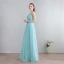 Modern / Fashion Pool Blue Floor-Length / Long Evening Dresses  2018 U-Neck Chiffon Appliques Backless Beading Pearl Pierced Evening Party Formal Dresses