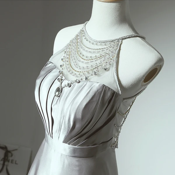 Amazing / Unique Grey Court Train Evening Dresses 2018 Charmeuse A-Line / Princess U-Neck Zipper Up Backless Beading Evening Party Formal Dresses