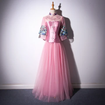 Chinese Style Candy Pink Floor Length Long Evening Dresses 2018 A Line Princess High Neck Tulle Appliques Backless Beading Rhinestone Evening Party Formal Dresses