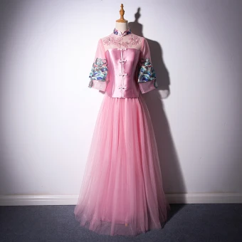 Chinesischer Stil Pink Lange Abendkleider 2018 A Linie Stehkragen Tülle Applikationen Rückenfreies Perlenstickerei Strass Abend Festliche Kleider
