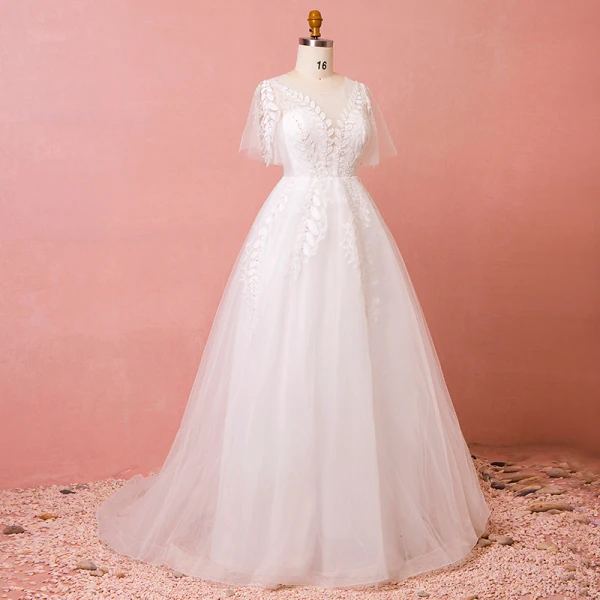 Schöne Weiß Kapelle-Schleppe Hochzeit 2018 A Linie U-Ausschnitt Tülle Strass Applikationen Rückenfreies Perlenstickerei Brautkleider