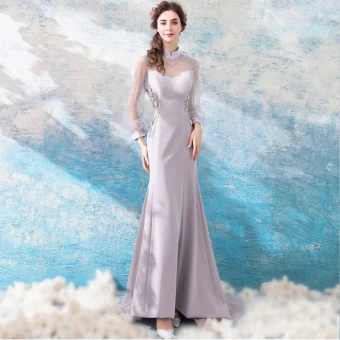 Luxe Gris 2018 Robe De Soirée Été Trompette Sirène Tulle En Dentelle Col Haut Longue Manches Longues Perlage Appliques Dos Nu Soirée Robe De Ceremonie
