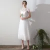 Classic Elegant White Tea-length Evening Dresses  2018 A-Line / Princess Tulle Lace-up With Shawl Evening Party Formal Dresses
