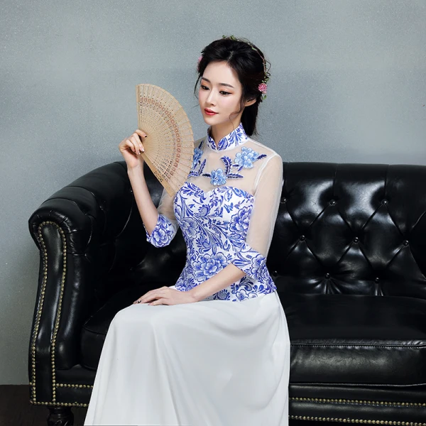 Chinese style Royal Blue Floor-Length / Long Evening Dresses 2018 A-Line / Princess 3/4 Sleeve Backless Printing Tulle Evening Party Formal Dresses