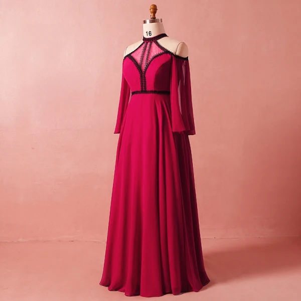 Classique Élégant Rouge Grande Taille 2018 Robe De Soirée Princesse En Dentelle Satin Col Haut Bretelles croisées Appliques Dos Nu Été Manches Longues Soirée Robe De Ceremonie