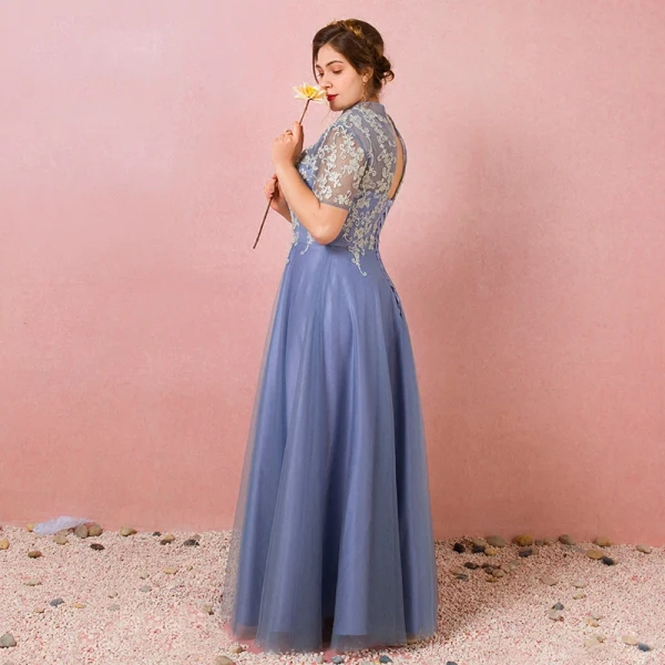 Chic / Beautiful Ocean Blue Plus Size Prom Dresses 2018 A-Line / Princess Summer Short Sleeve Tulle Lace-up Scoop Neck Crossed Straps Appliques Backless Evening Party Evening Dresses