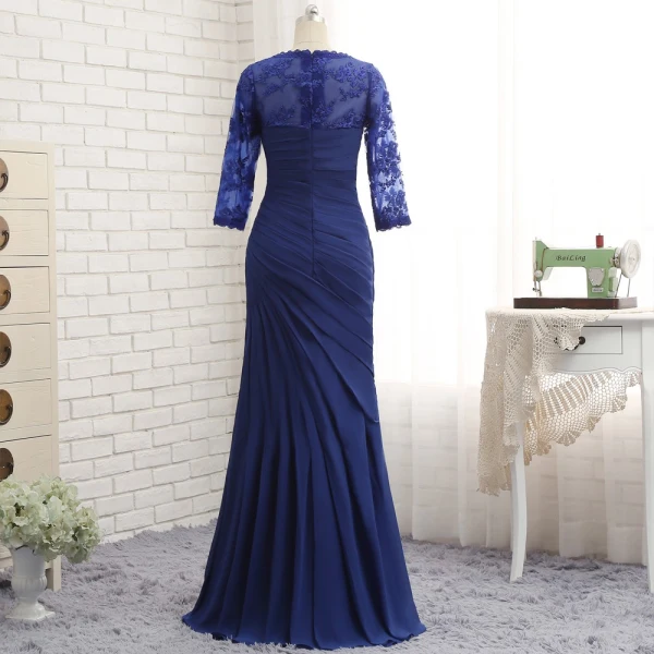 Vintage / Originale Bleu Roi Robe De Mère De Mariée 2019 Dentelle Chiffon V-Cou Appliques Perlage Brodé Faux Diamant Train De Balayage Église Trompette / Sirène Robe Pour Mariage