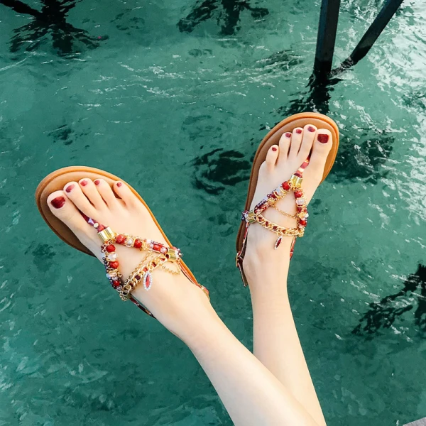Bohême Luxe Marron Sandales Femme Plage Jardin / Extérieur Peep Toes / Bout Ouvert Été Perlage Cristal Faux Diamant Plate Sandales Chaussures Femmes 2019