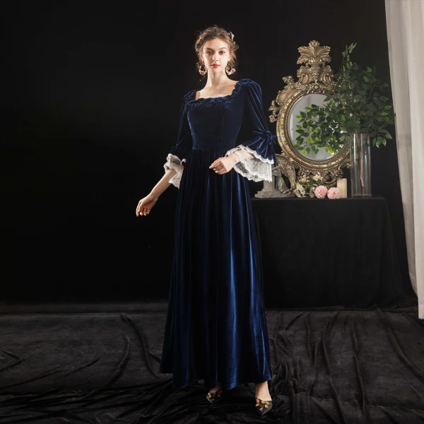 Vintage / Retro Medieval Navy Blue Evening Dresses  2021 A-Line / Princess Square Neckline 3/4 Sleeve Lace Floor-Length / Long Lace Satin Tulle Evening Party Formal Dresses