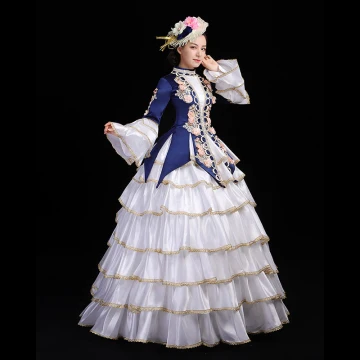 Vintage Originale Médiévale Blanche Bleu Marine Robe Boule Robe De Bal 2021 Manches Longues Col Haut Longue Dentelle 3d Brodé Fleur Cosplay Promo Robe De Ceremonie