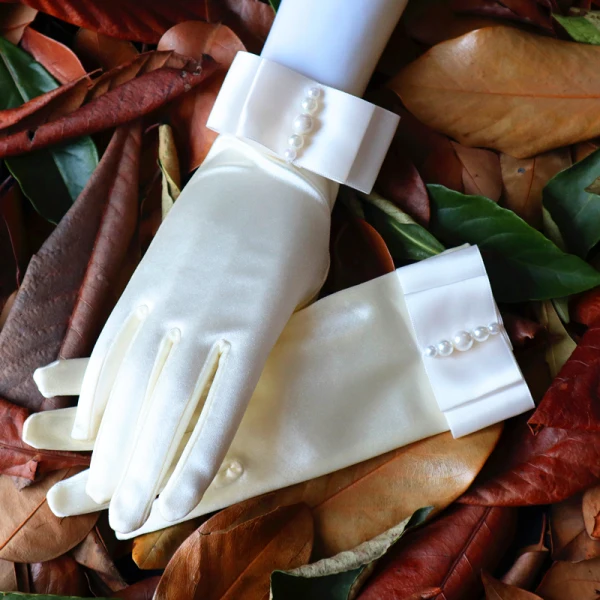 Luxury / Gorgeous Ivory Bridal Gloves 2020 Satin Beading Pearl Prom Wedding Accessories