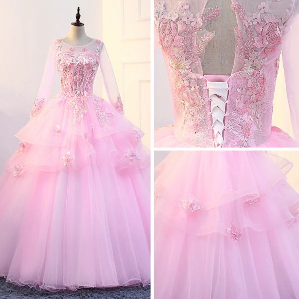 Flower Fairy Candy Pink Prom Dresses 2018 U-Neck Tulle Ball Gown Appliques Backless Beading Prom Formal Dresses