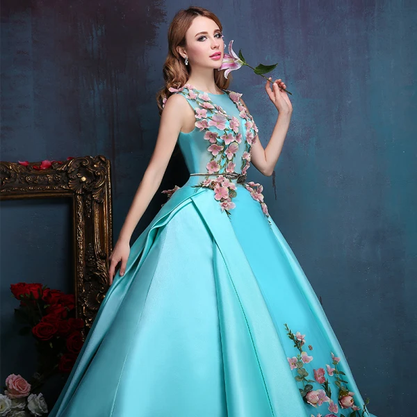 Flower Fairy Jade Green Floor-Length / Long Ball Gown Prom Dresses 2018 Ankle Strap Charmeuse U-Neck Appliques Formal Dresses