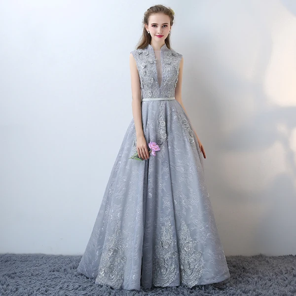 Chic / Beautiful Evening Dresses Grey 2017 V-Neck Crossed Straps Appliques Backless Embroidered Leopard Print Printing Charmeuse Lace Cocktail Party Evening Party Sleeveless A-Line / Princess