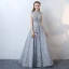 Chic / Beautiful Evening Dresses  Grey 2017 V-Neck Crossed Straps Appliques Backless Embroidered Leopard Print Printing Charmeuse Lace Cocktail Party Evening Party Sleeveless A-Line / Princess