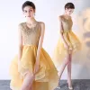 Luxury / Gorgeous Gold Graduation Dresses 2017 U-Neck Lace Appliques Strappy Backless Homecoming Cocktail Dresses