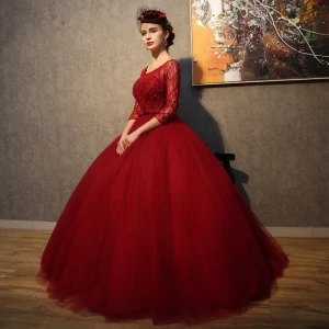Chic Belle Bordeaux Robe De Soirée 2017 Princesse Dentelle 3 4 Manches U Cou Perlage Faux Diamant Dos Nu Fait Main Promo Robe De Ceremonie