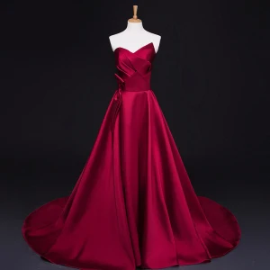 Modest Simple Burgundy Evening Dresses 2017 A Line Princess Zipper Striped Charmeuse Strapless Evening Party Formal Dresses