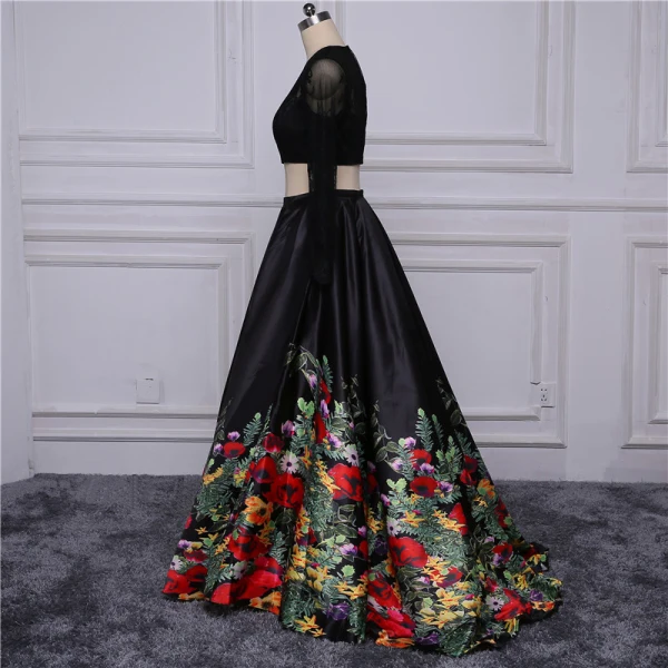 Fine Svart Ballkjoler 2017 Prinsesse U-Hals Brodert Blomst Boret Printing Selskapskjoler Aften
