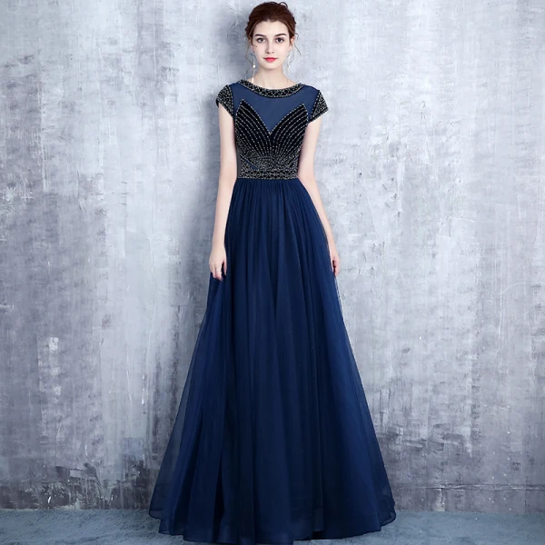 Modern / Fashion Navy Blue Evening Dresses 2017 Sparkly U-Neck Lace Striped Rhinestone Evening Party A-Line / Princess Formal Dresses