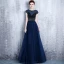 Modern / Fashion Navy Blue Evening Dresses  2017 Sparkly U-Neck Lace Striped Rhinestone Evening Party A-Line / Princess Formal Dresses
