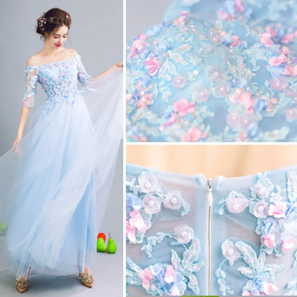 Chic / Beautiful Sky Blue Evening Dresses 2017 A-Line / Princess Strapless Lace 1/2 Sleeves Appliques Embroidered Handmade Evening Party Party Dresses
