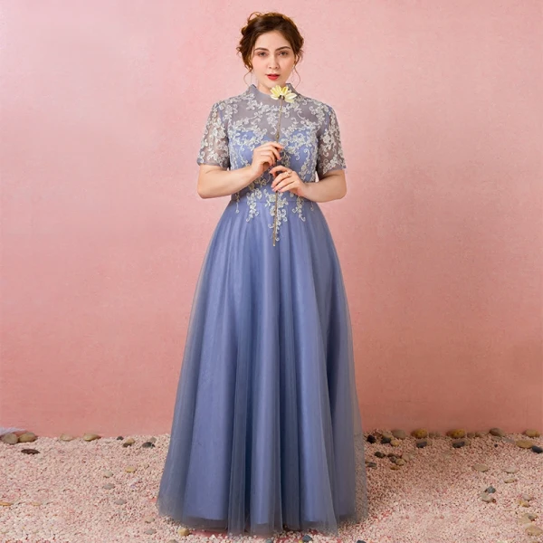 Chic / Beautiful Ocean Blue Plus Size Prom Dresses 2018 A-Line / Princess Summer Short Sleeve Tulle Lace-up Scoop Neck Crossed Straps Appliques Backless Evening Party Evening Dresses