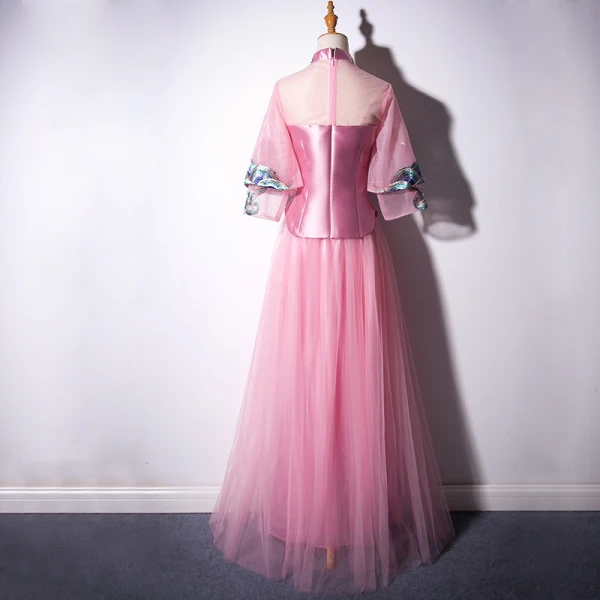 Chinese style Candy Pink Floor-Length / Long Evening Dresses 2018 A-Line / Princess High Neck Tulle Appliques Backless Beading Rhinestone Evening Party Formal Dresses
