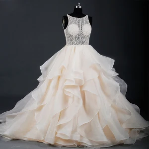 Classy Luxury Gorgeous Champagne Court Train Wedding 2018 X Strap U Neck Tulle Puffy Backless Beading Pierced Ball Gown Wedding Dresses