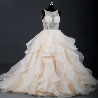 Classy Luxury Gorgeous Champagne Court Train Wedding 2018 X Strap U Neck Tulle Puffy Backless Beading Pierced Ball Gown Wedding Dresses