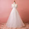 Chic / Beautiful White Chapel Train Wedding 2018 A-Line / Princess U-Neck Tulle Rhinestone Appliques Backless Beading Wedding Dresses