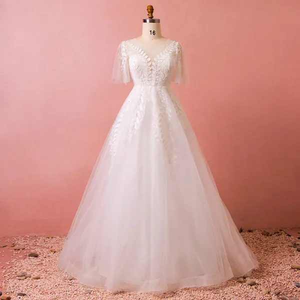 Chic / Beautiful White Chapel Train Wedding 2018 A-Line / Princess U-Neck Tulle Rhinestone Appliques Backless Beading Wedding Dresses
