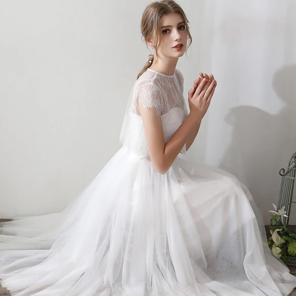 Classic Elegant White Tea-length Evening Dresses 2018 A-Line / Princess Tulle Lace-up With Shawl Evening Party Formal Dresses