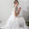 Classic Elegant White Tea-length Evening Dresses  2018 A-Line / Princess Tulle Lace-up With Shawl Evening Party Formal Dresses