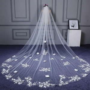 Flower Fairy White Cathedral Train Wedding Veils Tulle Lace Appliques Wedding 2018