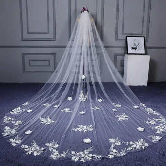 Flower Fairy White Cathedral Train Wedding Veils Tulle Lace Appliques Wedding 2018