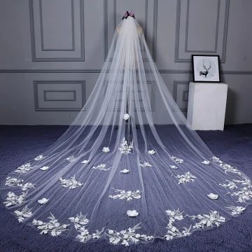 Flower Fairy White Cathedral Train Wedding Veils Tulle Lace Appliques Wedding 2018