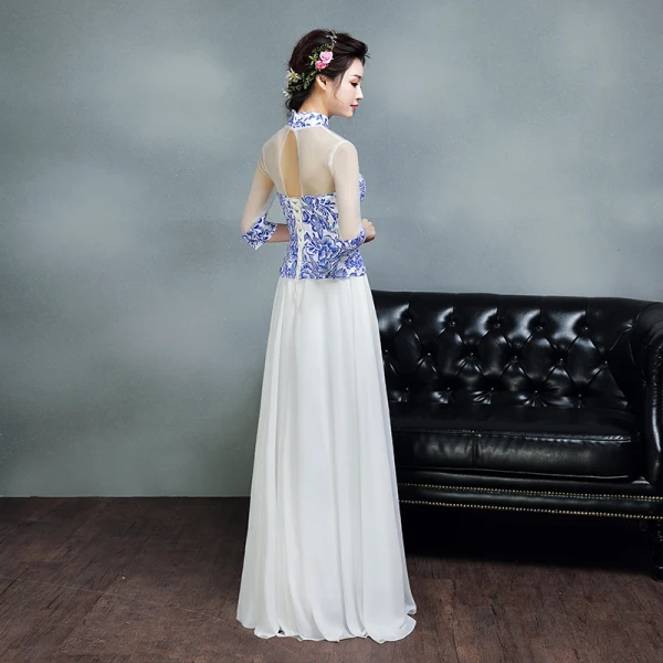 Chinese style Royal Blue Floor-Length / Long Evening Dresses 2018 A-Line / Princess 3/4 Sleeve Backless Printing Tulle Evening Party Formal Dresses