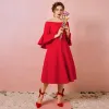 Simple Rouge Grande Taille Robe De Soirée 2018 Princesse 3/4 Manches Fermeture éclair Fermeture éclair Charmeuse Bustier Printemps Soirée Robe De Ceremonie