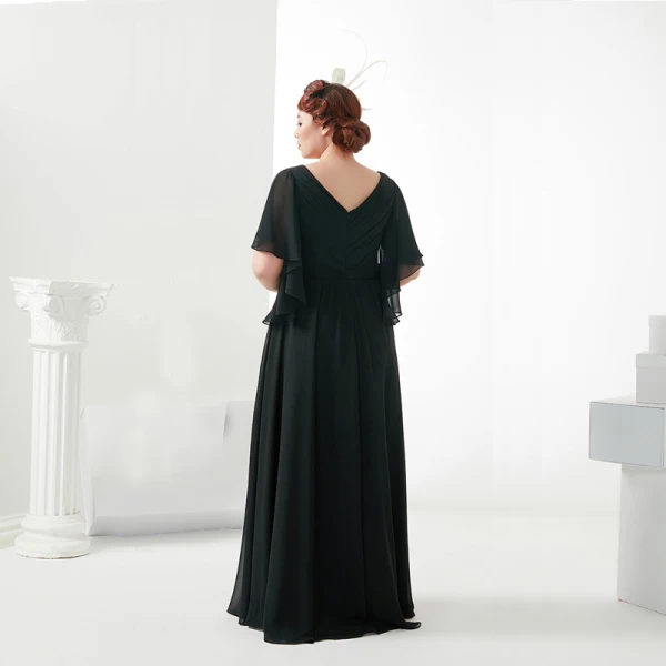 Klassisch Elegante Übergröße Abendkleider 2018 V-Ausschnitt A Linie Chiffon Schwarz Reißverschluss Applikationen Rückenfreies Perlenstickerei Abend Ballkleider