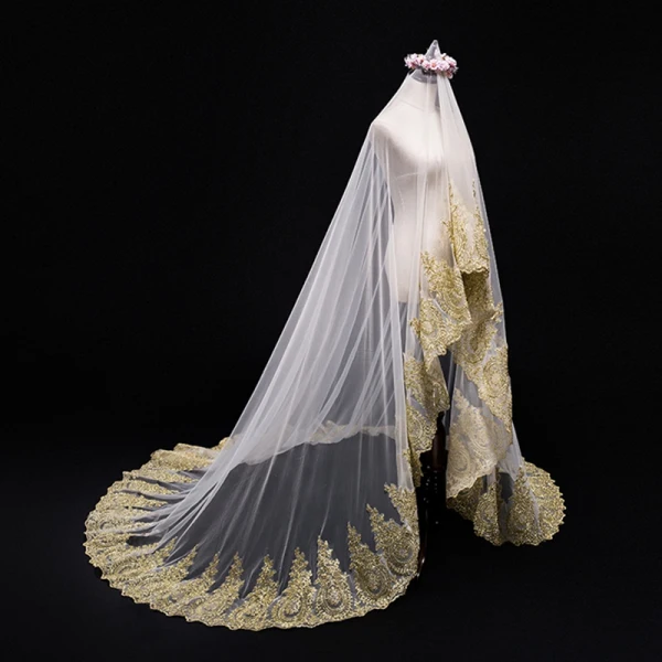 Unique Champagne Mariage Tulle En Dentelle Appliques Voile De Mariée 2018
