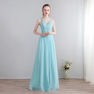 Moderne Mode Bleu Longue Robe De Soirée 2018 U Cou Chiffon Appliques Dos Nu Perlage Perle Percé Soirée Robe De Ceremonie