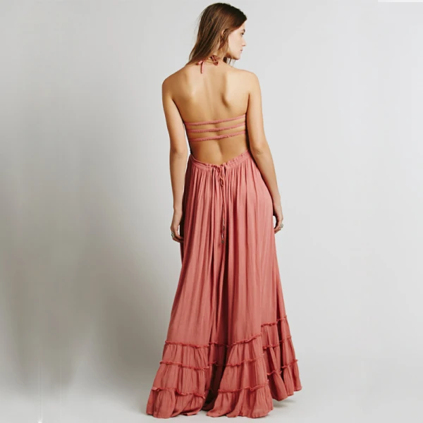 Modest / Simple Blushing Pink Floor-Length / Long Maxi Dresses 2018 A-Line / Princess Beach Strappy Rayon Spaghetti Straps Summer Women's Clothing