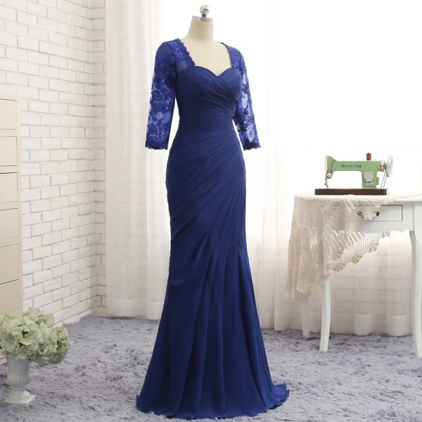 Vintage / Originale Bleu Roi Robe De Mère De Mariée 2019 Dentelle Chiffon V-Cou Appliques Perlage Brodé Faux Diamant Train De Balayage Église Trompette / Sirène Robe Pour Mariage