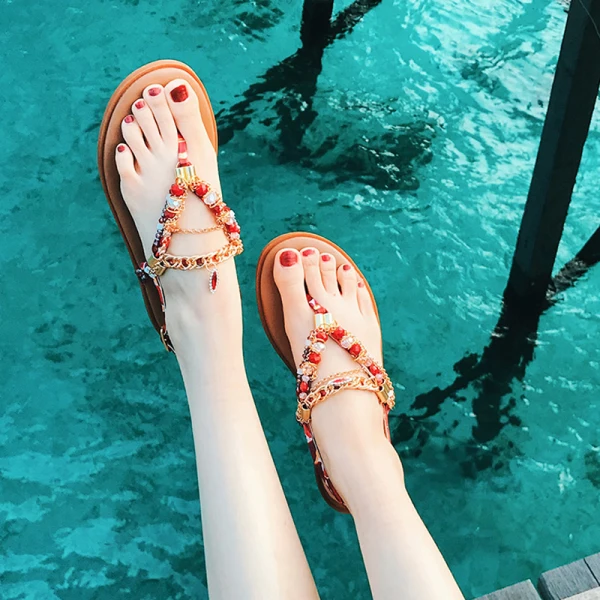 Bohême Luxe Marron Sandales Femme Plage Jardin / Extérieur Peep Toes / Bout Ouvert Été Perlage Cristal Faux Diamant Plate Sandales Chaussures Femmes 2019